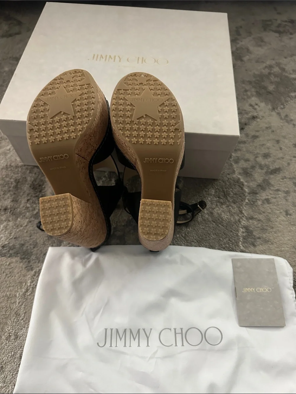 Jimmy Choo Black Leather Cork Platform Wedge Sandals